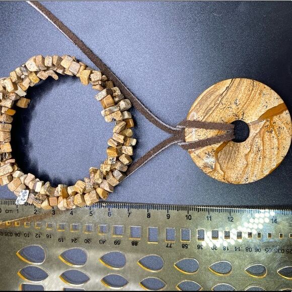 Jasper Disc necklace on leather cord and matching stretch wrap bracelet - Picture 10 of 11